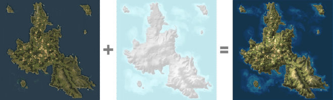 An image of the composite aerial imagery, an image of the grey and white shaded map from the Enfusion engine, combined into a final shaded map